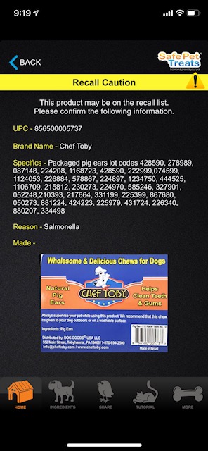 Safe Pet Treats app screenshot