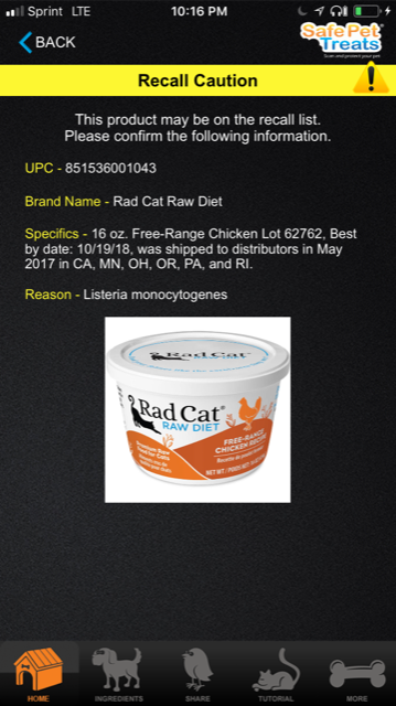 Rad Cat Raw Diet Recall 2018